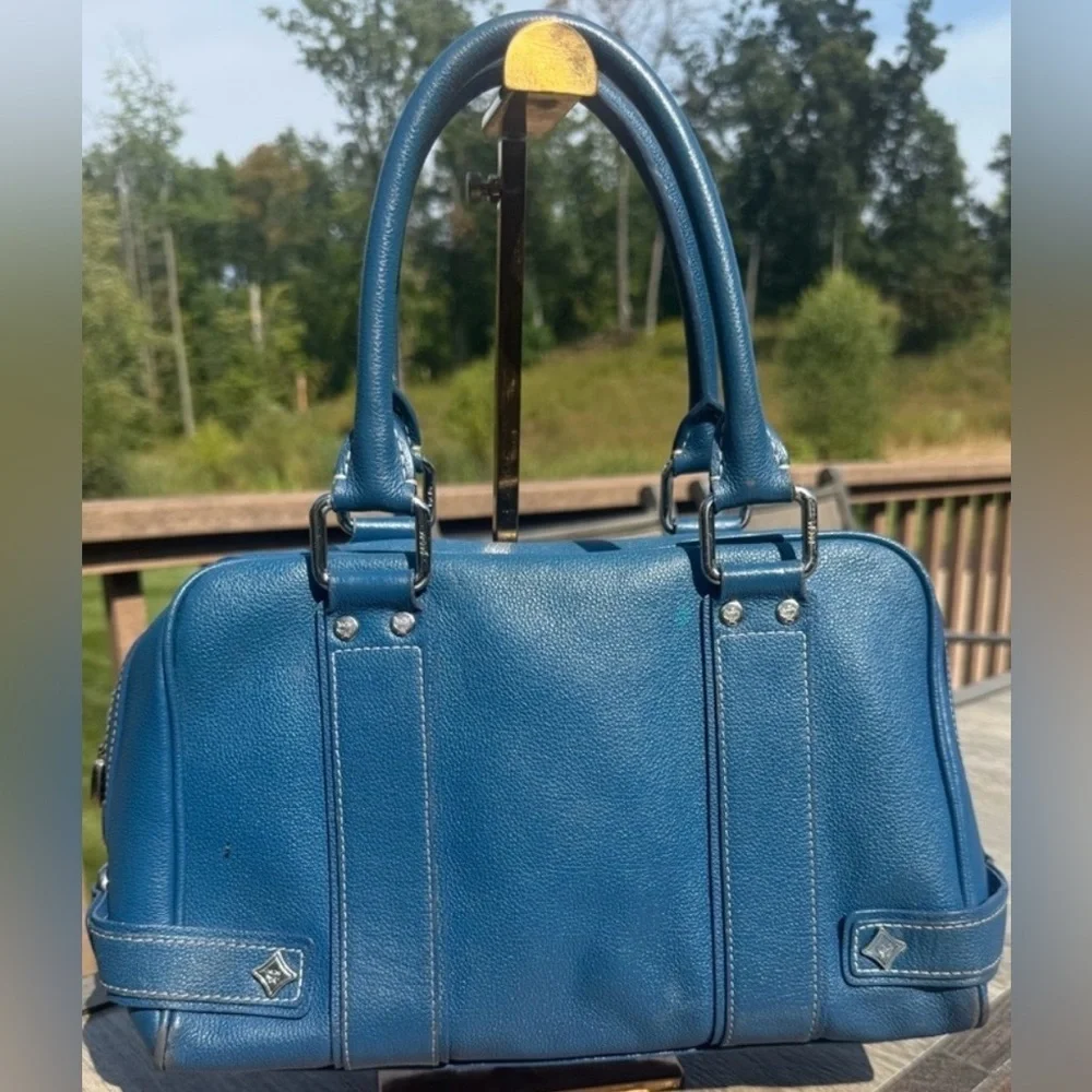 MCM Vintage Luxury Blue Leather Satchel Boston Bag with Silver Accents GUC